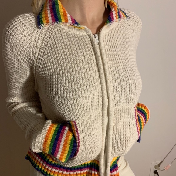 Vintage Sweaters - Vintage knitted 60s rainbow zip up sweater